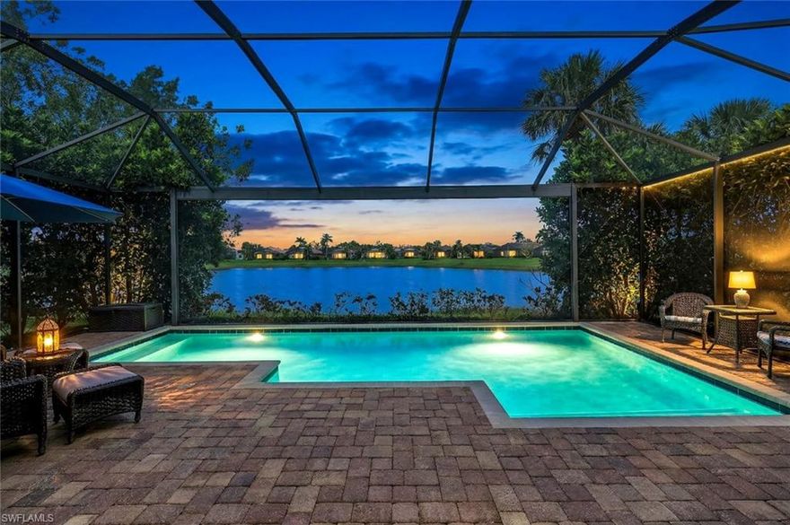 Fabulous Lakefront Pool Home with Wide Fountain Views in Bonita Lakes. Welcome to this beautifully appointed 3-Bedroom + Den, 2.5-Bath residence offering expansive wide lake views with a stunning fountain backdrop and an exceptional indoor-outdoor lifestyle. From the moment you enter, the home unfolds into a spacious great room, dining area, and chef-inspired kitchen—perfect for both everyday living and entertaining. The kitchen features granite countertops, stainless steel appliances, pull-out drawers, and natural gas availability throughout the community—ideal for cooking and added convenience for the home GENERATOR. Step outside to your extended covered lanai, where every inch of your outdoor living space is under cover, including a fully equipped outdoor grill/summer kitchen area—perfect for year-round entertaining. Enjoy your saltwater pool while taking in the breathtaking wide lake and fountain views.  Additional highlights include: Hunter Douglas window treatments, Plantation shutters throughout, morning room filled with natural light and picture window, Newer air conditioning system (4 years old ) Split-bedroom floor plan with two guest bedrooms sharing a full bath, private den with nearby half bath—ideal for a home office or flex space.  Volume ceilings throughout, showcasing Toll Brothers’ signature design.  Brick paver driveway and welcoming front entry , Side-entry extended-length garage with exceptional built-in storage and organization system and more located in a gated, low-density community of just 268 homes with a single entry/exit, residents enjoy: Resort-style pool and spa, State-of-the-art fitness center, expansive clubhouse and social gathering spaces. All lawncare and irrigation included in your HOA Dues 
Great sidewalks for walking, gated community. 




Centrally located with convenient access to Coconut Point Mall, RSW International Airport, Naples, Bonita Beach, and a short drive to new Downtown Bonita Sugar Shack, bistros and outdoor Riverside Park. 



This home offers the perfect blend of luxury, comfort, and effortless Florida living.  You will never want to leave your covered lanai and summer kitchen living space.