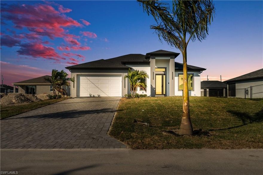 Beautiful new construction home in a desirable NW Cape Coral location! This stunning property offers 3 spacious bedrooms plus a bright office/den, featuring large windows that flood the space with natural light and elegant French-style glass doors, perfect for a home office or flex space.

The home includes 2 modern bathrooms with sleek finishes and a contemporary white island kitchen designed for both style and functionality, complete with modern appliances and an open-concept layout ideal for entertaining.

Seller will assist buyer with closing costs and offer a preferred interest rate with approved lender, making this an excellent opportunity for buyers.

Enjoy clean lines, modern design, and the peace of mind that comes with a brand-new home. No HOA. Plenty of space to add a pool if desired. Conveniently located near shopping, dining, and main roads.

Move-in ready and easy to show — schedule your private tour today!