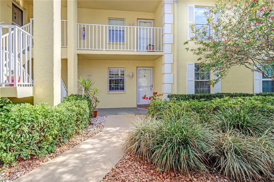 Enjoy your SW FL lifestyle - Greenwood Village at Kings Lake!  Delightful first-floor furnished condominium home featuring 2 bedrooms, 2 full baths is waiting for you! Updates in the master bath and guest bath. Large screened in lanai. Concrete block construction, roofing recently replaced, and buildings painted. This home has one covered parking space along with ample community guest parking. Greenwood Village is a charming neighborhood with open spaces and a resort-style community pool. The master association has another pool, pickleball, and tennis courts. Enjoy miles of walking and biking trails. Location, location, location! Starbucks, restaurants, and groceries at Kings Lake Square are nearby. A short drive to downtown and the Naples' famous white sand gulf beaches!