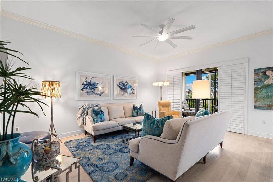 Enter into effortless coastal living with this beautifully decorated two-bedroom, two-bath residence at The Cottages in Naples Bay Resort. This light-filled, west-facing condominium showcases a bright, modern kitchen with matching Whirlpool stainless steel appliances, seamlessly flowing into sun-drenched living spaces designed for relaxation and entertaining. A private terrace with pull-down shades offers a setting to unwind while enjoying added comfort and privacy. Offered turnkey and ready for immediate enjoyment, this residence delivers a refined blend of style and convenience. Ownership includes full membership to The Club at Naples Bay Resort, where resort-style amenities abound, from a stunning 15,000-square-foot clubhouse and state-of-the-art fitness center to full-service spa, multiple pools, a lazy river and Har-Tru tennis courts. Boating enthusiasts will appreciate the private marina with direct Gulf access, while the beach shuttle makes coastal days effortless. Ideally just moments from Fifth Avenue South, and within easy reach of Third Street South, Tin City and Bayfront, this residence places you at the center of Naples premier dining, shopping and entertainment. Whether you’re seeking a full-time home, seasonal escape or investment with on-site rental potential, this is an exceptional opportunity to own in one of Naples desirable communities.