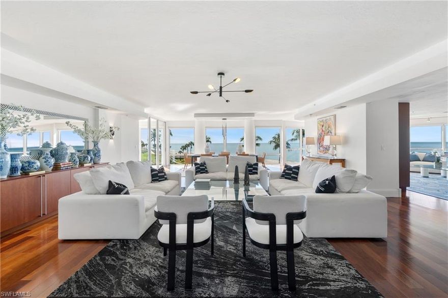 T H E----- E N C L A V E-----R E N A I S S A N C E-----NAPLES MOST UNIQUE GATED BEACH PROPERTY IS IN THE FINAL STAGE OF A 3 YEAR, $11mm REIMAGINATION.  EXQUISITE NEW SOCIAL SPACE WITH EXOTIC FINISHES.  NEW FITNESS CENTER OVERLOOKING THE GULF WITH STATE OF THE ART EQUIPMENT, PERSONAL TRAINING FACILITIES AND GLASS WALLED SAUNAS AND STEAM ROOMS.  NEW RESORT LEVEL POOL WITH 5 STAR TROPICAL FURNISHINGS, SPA, DINING PAVILION AND FIRE TABLE AREA.  NEW TENNIS AND PICKLE BALL FACILITIES.  THE FINAL PHASE, AND CROWN JEWEL, IS NOW UNDERWAY WITH THE CONSTRUCTION OF THE NEW LOBBY, ENTRY CANOPY AND FORMAL GUEST DRIVE APPROACH FLANKED BY PAIRED PALMS.  20 FT CEILINGS, GLASS PYRAMID ROOF AND EXOTIC FINISHES.  INTERIORS BY THE INTERNATIONAL FIRM FDM DESIGNS OF ONTARIO.  ESTATE 3 COMPRISES AN ENTIRE FULL FLOOR WITH PRIVATE ELEVATOR FOYER LEADING TO THE ENTRY GALLERY.  MASTERFULLY RENOVATED IN 2023, THE EXPANDED FLOOR PLAN INCLUDES VOLUMINOUS OPEN SPACES, RICH MAHOGANY WOOD FLOORS WITH FLOOR TO CEILING GLASS WALLS AT THE PERFECT  " BEACH HOUSE "  LEVEL.  NEW WHITE HIS AND HER PRIMARY BATH WITH BESPOKE GLASS WALLED SHOWER AND SOAKING TUB OVERLOOKING THE BEACH.  EXQUSITE GOURMET KITCHEN BY CHICAGO DESIGNER MICK DE GIULIO.  UNSURPASSED POST CARD VIEWS OF THE EVER CHANGING HUES OF THE GULF FRAMED BY TROPICAL PALMS.  PRIVATE AIR CONDITIONED TWO CAR GARAGE.  WITH ONLY 28 RESIDENCES, THE ENCLAVE HAS A FULL TIME STAFF OF 7 INSURING 24/7 SECURITY AND PERSONAL ASSISTANCE FOR ALL YOUR NEEDS.