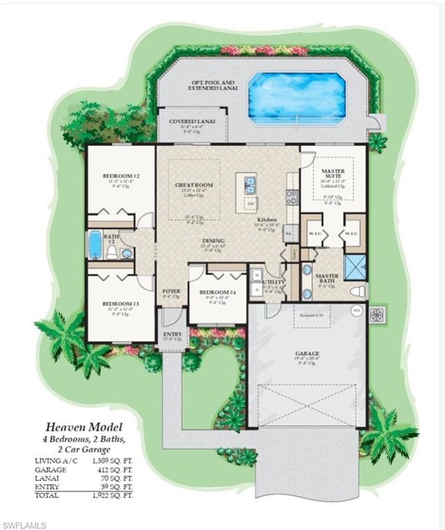 Welcome to your dream home in Lehigh Acres, FL! This brand new construction boasts four spacious bedrooms, including a primary suite with a luxurious en-suite bathroom featuring dual vanities and a large tiled shower. The home is designed with beautiful tile flooring throughout and wood shaker cabinets, adding a touch of elegance. The kitchen is a chef's dream with granite counters, plenty of cabinets, a pantry, and a large peninsula island. It also comes with a full kitchen appliance package. The home is filled with natural light, thanks to the large windows and sliding glass doors that lead to a spacious backyard. The guest bedrooms are generously sized and modern. The home also features an inside laundry with washer and dryer hook-up, a two-car garage with an access door and opener, and a large rear lanai. The guest bathroom comes with a tiled shower/tub combo. For your peace of mind, the home is equipped with storm protection-impact windows. Don't miss out on this gem, see it today! Photos may not be of actual model- for marketing purposes only.