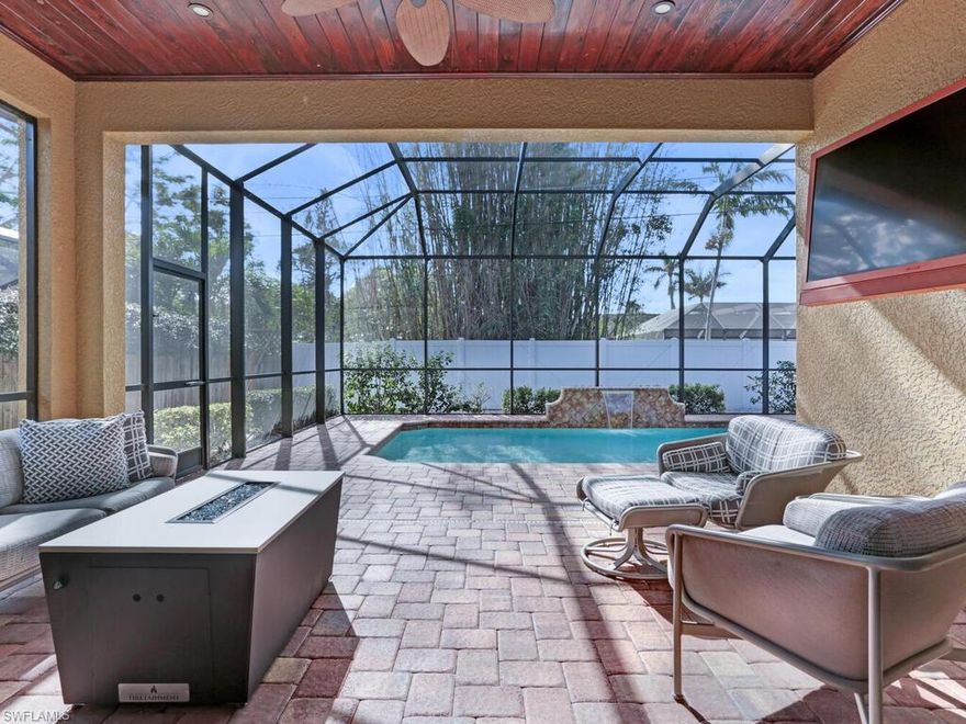 Available January, February, March, and April 2027. Monthly rentals only. Your Winter Getaway! Walking and biking distance to Vanderbilt Beach, Delnor Wiggins State Park, Pavilion Plaza, and Mercato. This beautiful 2015 built rental boasts 3 bedroom plus den, 3 full bathrooms, and a 2 car garage. The upgrades include tile floors throughout, tray ceilings in the great room & kitchen, gorgeous custom cabinets, screened in lanai with heated pool and sittings area, double vanity in master bathroom, oversized island, and outdoor television. The home has been freshly decorated and painted. We provide 4 beach chairs, umbrella, beach cart, and 2 bicycles. Master bedroom furniture is currently being switched out as it is going with the owner to a new home. The den is not pictured, it has bunk beds and a desk, some artwork is being switched out, the Peloton has been removed.