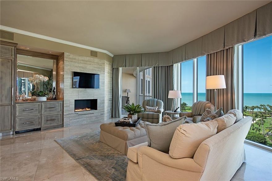 Thoughtful renovations in this 8th floor residence include a custom-built bar and fireplace surround in the family room, new bath cabinetry and lighting and a completely new kitchen with Wolf, Miele and Sub-Zero appliances and an expanded countertop perfect for entertaining. The open spacious floor plan has large areas for gathering family and friends along with two screened and shuttered lanais to enjoy sunsets almost all year long. In addition to the very generous master suite and spa-like bath with rain head shower, there is an additional guest suite and study. Aria is one of the finest buildings on the Park Shore beach with an array of amenities including two luxurious guest suites, state-of-the-art fitness center, men’s and women’s spa areas, massage room, social room and private dining room, billiard room and beachside pool, spa, covered bar and barbecue grills. Pet friendly too.