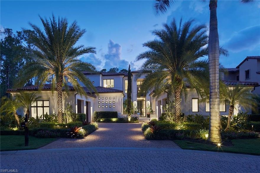 Immediate golf membership available! This custom-designed estate is on a private panoramic homesite in the prestigious Cortile neighborhood in Mediterra Golf and Country Club. The home features nearly 7,000 square feet of luxurious living with five bedrooms plus study and is ideally on a lush private homesite offering panoramic preserve, lake and golf course views of the north and south finishing holes. A soaring, bright and airy two-story foyer adorned with custom beams welcomes you through modern double glass doors.  Constructed in 2019 and designed by acclaimed interior designer Brian Gluckstein, the residence is a study in architectural refinement. The interior is highlighted by extensive use of natural light, wide-plank white oak flooring, meticulously crafted ceiling details and refined cabinetry by SOHO. Detailed millwork, integrated lighting design and designer hardware elevate the home’s overall aesthetic. The formal living room with a natural gas fireplace seamlessly transitions an open-concept more casual family room, and a gourmet kitchen featuring a white Caesar stone waterfall island, Wolf six-burner gas range with custom hood, built-in steam oven, warming drawer, Miele dishwasher, Sub-Zero refrigeration and under-counter wine storage. Adjacent spaces are defined by symmetry and scale with artful transitions between rooms via inset door frames and coffered ceilings.  Expansive pocketing sliders open to a covered lanai with a Lynx gas grill, Perlick beverage drawers and automated screens and shutters, ideal for year-round alfresco entertaining and storm protection. The resort-style gas-heated pool and spa are flanked by dual fire bowls with water spillovers and a freestanding fire pit offering tranquil views and exceptional privacy. The primary suite features dual walk-in closets, dual water closets, glass-enclosed shower with dual heads and a freestanding modern soaking tub. One main-floor guest suite, three second-floor guest suites, a loft with wet bar and entertainment wall, expansive covered sunset overlook balcony with automated screens and shutters and secondary laundry provide ample space and convenience for visiting family and friends.   Additional features of this magnificent property include a natural gas-powered Generac generator, Andersen 400 Series impact-rated windows and doors, elevator, four-car climate-controlled garage spaces and Control4 home automation. A world of luxury awaits you in Mediterra featuring two Tom Fazio-designed championship golf courses, a Gulf-front beach club and restaurant, tennis and pickleball courts, an updated clubhouse, and a soon-to-be-expanded new sports and lifestyle center.