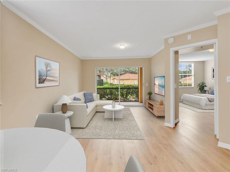 Welcome to The Sanctuary at Imperial River, a gated community in the heart of Bonita Springs Florida offering resort-style amenities and convenient living. This first-floor 1 bedroom, 1 bath END UNIT condominium has been tastefully remodeled and includes a detached 1-car garage, providing easy stair-free access and added storage. The Sanctuary at Imperial River offers a wide range of amenities, including a resort-style pool and spa, fitness center, tennis and pickleball courts, clubhouse, billiards room, tiki bar and grilling area, and lakeside seating areas. Centrally located with quick access to US-41, this community is minutes from shopping, dining, Coconut Point Mall, the Promenade, Mercato, and RSW International Airport. Gulf beaches are approximately 10 minutes away.  A great option for full-time residents, seasonal use, or investment purposes. Move-in ready!!!  *****  THERE IS A VIRTUAL TOUR LINK YOU CAN CLICK ON FOR MORE INFORMATION ?????******