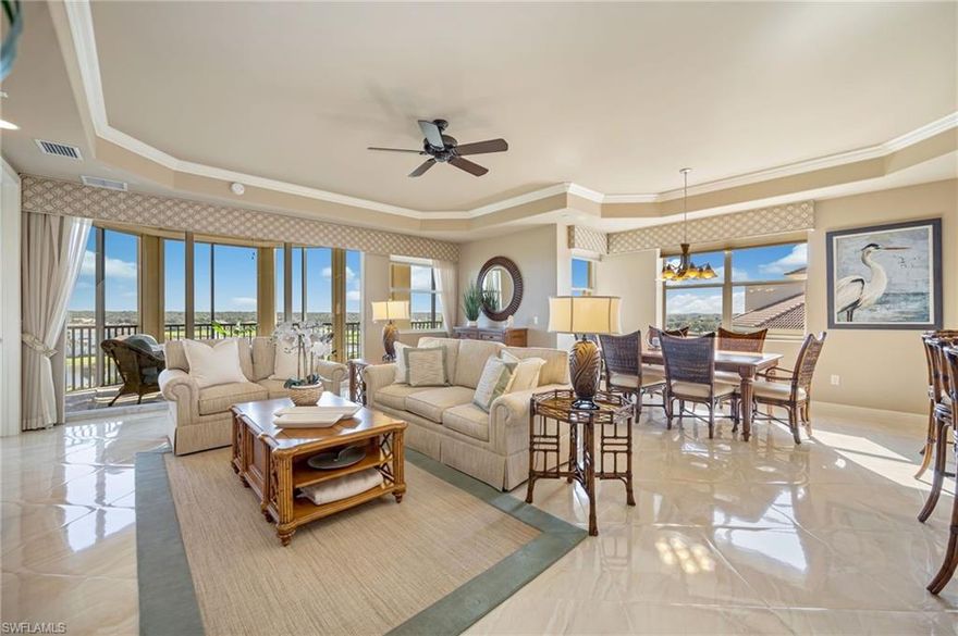 Experience luxury living in this stunning corner unit located in the prestigious Vista Pointe at the Vineyards. Set in the highly sought-after building 580, this residence has a private elevator for added convenience and exclusivity. The home's prime 7th-floor CORNER position offers the best panoramic views-enjoy breathtaking golf course vistas from the back, and the gulf skyline from the front.  
Abundant extra windows fill the open floorplan with natural light, highlighting the home's neutral colors and upgraded flooring. With three spacious bedrooms, each featuring its own private bath, plus an additional half bath for guests, comfort and privacy are assured. The lanai is equipped with hurricane shutters for peace of mind, and a dedicated GARAGE space provides secure parking. ONLY the residents of Vista Pointe enjoy exclusive amenities including a sparkling pool with spa, inviting BBQ area, tranquil waterfalls, a workout space, and a community kitchen with a social living room-perfect for gatherings and relaxation. Discover upscale, welcoming living tailored for today's discerning homebuyers. 
Immediate membership at the Vineyards Country Club is available but not mandatory. The club has been voted one of the best full-service golf clubs in SWFL.