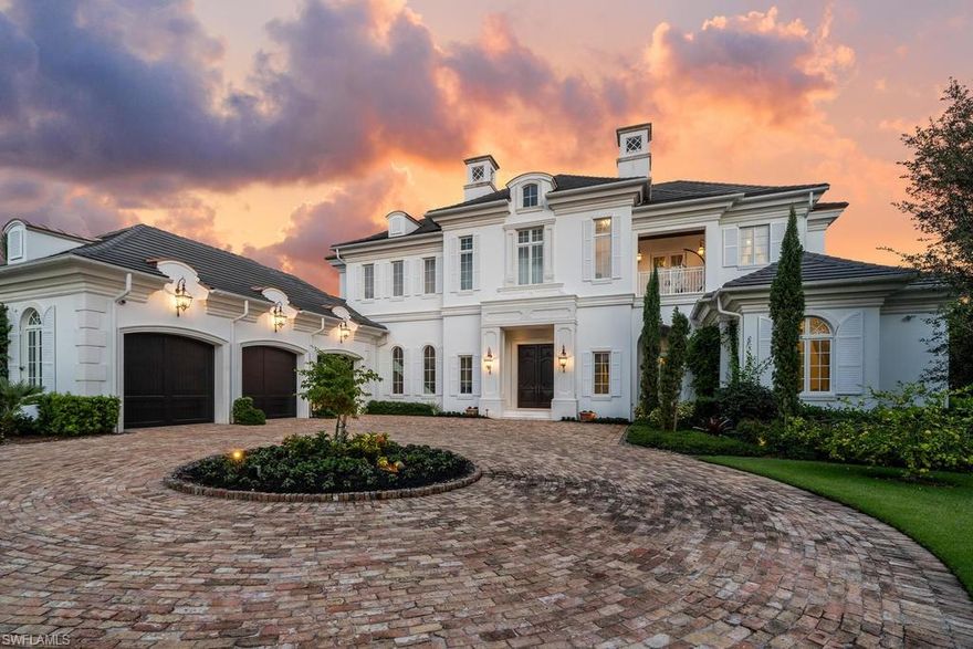 Welcome to Belle Maison, a one of a kind custom estate built by Toscana Homes which sits on a oversized 1/2 corner cul-de-sac lot complete with its own private white sand beach. This property represents of all the finest qualities in Miromar Lakes, with fine French Provencal design and luxury appointments. Spread over almost 7,000 square feet of living space, there are 5 bedrooms plus an office and 4 full and 2 half baths making this a true estate by every definition. Upgrades are extensive to fit the presence of this home, including a gourmet kitchen with custom cabinets and granite counter tops, wood and marble flooring, extensive wood trim and coffered ceilings, a Lutron lighting system, surround sound audio system, and a expansive master suite with his/her closets and water closets in the bathroom. Additional notables include space for a private elevator, oversized 3 car garage, custom closets, generator, and more. The exterior rivals any luxury resort and features a spectacular oversized pool and spa with a negative edge waterfall, fireplace, pool bath, roll down shutters and screens, private boat dock, fire pit, and an expansive lanai with a private white sand beach.