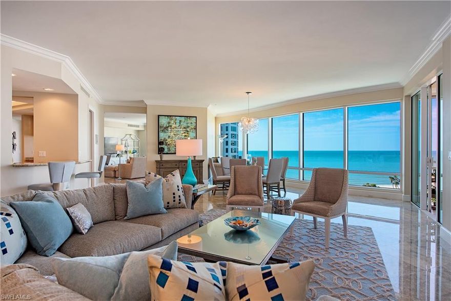 Stunning, direct gulf views from the floor to ceiling glass are the focal point of this three plus den beachfront paradise. The inviting floorplan lays out wide along the beachside, providing ample viewpoints, privacy to the bedrooms, flexible den that seconds as a bedroom and 9+ ft ceilings.  The kitchen, open to the comfortable family room, offers a sizeable center island, double ovens, an abundance of storage with full cabinetry and a convenient, attached, wet bar which also services the great room.  The oversized pantry doubles as a storage room and truly makes this condo live like a single-family home.  Unwind in the calming master suite overlooking the greenery of the Park Shore park and gulf beyond and attached to the luxurious bath featuring a soaking tub with views of the bay. Inclusive of 2 prime parking spaces, extra storage cage and all the luxurious building amenities, this 03’ in the Provence has all of this and so much more.