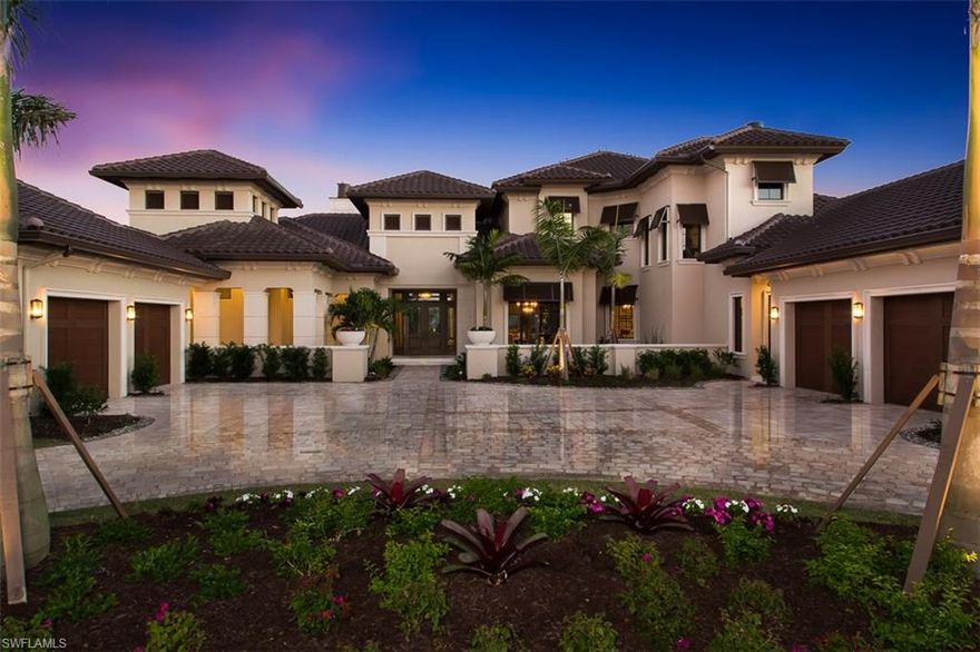 Full Golf Membership included valued at 90K. This graceful estate home site overlooks lakes, preserve, citrus orchards and the Sea Dwarf Paspalum fairways of Talis Park Golf Club's 14th and 15th holes. The spectacular 6,820-square-foot under air, two-story Astaire floor plan includes a foyer and living room with a see-through view, a formal dining room, a grand room that includes a wet bar and flows into an island kitchen and breakfast area, a study, four bedrooms, including a first-floor master suite that features a bath with his and her vanities and water closets and a private garden with an outdoor shower, a second floor VIP suite, flex room, wet bar, and covered terrace, an outdoor living area with a summer kitchen, island bar, fireplace, pool and spa, and a pair of two-car garages. The Astaire model’s interior was designed and executed by Arlynn McDaniel of Freestyle Interiors. McDaniel created an updated Tuscan look for the Astaire that combines clean lines with organic richness in the textures and fabrics of the upholstery and the warm tones of the woods.