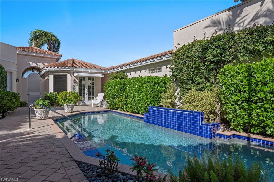 CocoBay is a charming, gated community of 33 detached villa homes nestled within the exclusive community of Pelican Bay. Arguably, situated on one of the most private and desired oversized lots, this 4+den/4.5 bath/3-car garage secret-garden courtyard home with nearly 3,400SF of AC living area enjoys one of the most unique and enchanting outdoor living spaces with a sparkling pool, multiple covered loggias, patios and screened lanais. Spectacular natural light is abundant in this home which encompasses the main villa with gracious master suite with two-full baths and private screened lanai, a den with open air patio, living and dining rooms with soaring ceilings and transom windows, an expansive kitchen with morning room, and center island breakfast bar that flows seamlessly into the family room with convenient access to the sprawling outdoor patio and pool area of nearly 2,700SF. Renovations connected a two-bedroom, one bath guest wing to the main villa, while guests can retreat to a “true” detached one-bedroom cabana with full bath and outdoor shower. Two HVAC units, two water heaters, pool pump and roof replacement within the last four years allows you to focus on the aesthetics. Offered AS-IS, this very special property is ready for renovations and enhancements to transform it into the ideal luxury coastal sanctuary. Pelican Bay residents are spoiled by world-class private beach clubs with full-service restaurants and bars, beach attendants, walking/biking paths, two racquet facilities, use of kayaks/canoes/sailing vessels, staffed fitness center with group classes, spa and wellness center, optional golf membership and ideal location for which Pelican Bay is treasured! Welcome Home.