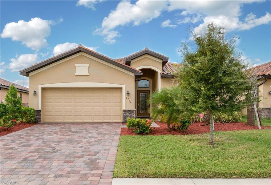 JUST REDUCED! Promenade at The Forum is one of Ft. Myers most sought after gated communities! Spectacular move in condition, one owner home centrally located to shopping, restaurants, ballparks, SW Florida Regional Airport, FGCU, Gulf Coast Town Center and I-75. Barrel Tile roof, hand laid paver drive and walkway featuring professional landscaping and an 18'x5' grande foyer create an inviting entrance to this larger 3 bedroom / 2 bath home. Custom 18" diagonal tile, crown molding accent a bright open split floor plan. A HUGE kitchen fit for a chef with stainless steel appliances, granite counters and wood cabinetry could easily accommodate an added island. Huge Master suite with walk-in closet and adjoining master on suite with his/her vanities, a garden tub and tiled walk in shower. Serene lanai and large yard would easily accommodate a pool. High efficiency 14 SEER AC System. Oversized 2 car garage with epoxy coated floor. For low HOA fees that include lawn maintenance, landscaping, pest control and irrigation and NO FLOOD INSURANCE needed, you must put this home on your list. Offered at $239,900.00.