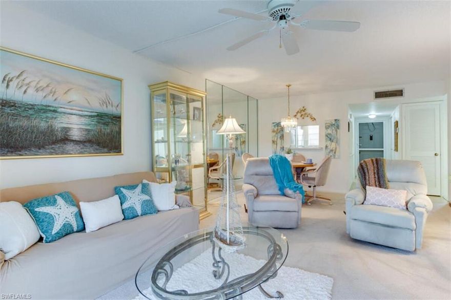 HR1-211   A very nice unit that needs a some updating. Located in a lushly landscaped 55+ community. Second floor with two bedrooms and two pretty blue bathrooms (almost like having two en suites).  One small pet is welcome.  Elevator and additional storage.   Heated pool, pickleball, tennis courts, bocce, dinners, dances, movies, trips, lunches, and lots more fun.  Meet all the friendly folks at the large heated pool or the laid back evening happy hours with music at the pool. Located on a private circular road close to everything world-class Naples has to offer. Many beaches beckon with soft white sand and spectacular sunsets. Museums, Visual and Performing Arts, Walking and hiking trails, short trip to the Everglades, over 700 restaurants range from super fancy to down home cooking.   Only 30 minutes to the airport and minutes from 1-75.  Naples is consistently rated one of the best places to retire and the Happiest and Healthiest town. AKA the Golf capital of the world.  Not to mention about 264 days of sunshine per year.  New buyers can not rent for  3 yrs.