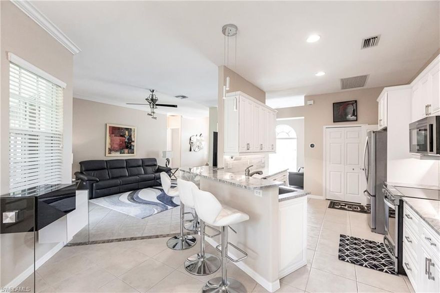 Single home conveniently located off Daniels Parkway! This light and bright single-family home boasts 3 bedrooms, 2 bathrooms, and a 2-car garage. Updated kitchen with granite countertops and stainless appliances.  So many updates in this home, including updated lighting throughout and newer washer and dryer in the laundry room. The spacious garage has custom storage racks. For relaxing, enjoy the large, private tiled lanai. The community pool is perfect on hot summer days! Quiet cul de sac location.  Daniels Villas is a small community off Fiddlesticks Blvd. with easy access to I 75, RSW, FGCU, Gulf Coast Town Center and so much more!
Home is not furnished.