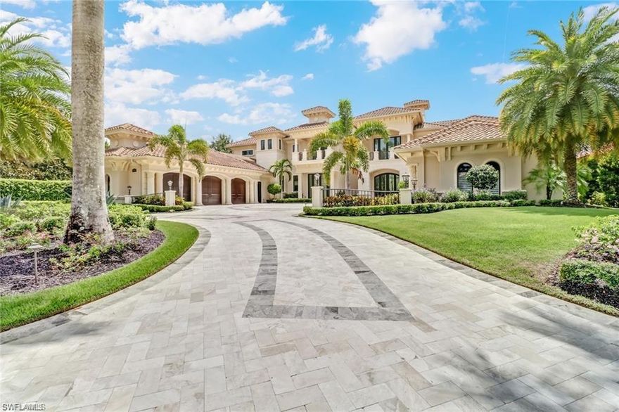 Incomparable in design & location, this masterfully constructed one-of-a-kind Escada Estate home presents Sweeping Golf Course and Lake Views. This is the ultimate family home from two levels of expansive terraces & endless floor-to-ceiling glass. Sleek exterior details like the marble driveway & 5 car garages. The designer chefs gourmet kitchen is beautifully appointed with dramatic cabinetry and quartzite counters, island work area, butlers pantry and wine room. Marble floors through the house and as you enter the home the massive crystal chandelier from Austria. Central elevator. The second floor features three bedrooms with end suites, a cinema room, morning bar and several terraces. Owner’s suite on the first floor overlooking the pool. Enjoy Florida lifestyle in the expansive outdoors with heated resort style pool w/ jacuzzi, pizza oven and summer kitchen with fireplace covered by retractable screen offering fiery sunset skies over the Gulf of Mexico. Enjoy the first-class amenities Tiburon offers exclusively to residents including the gorgeous Country Club offering casual and formal dining, tennis club and golf membership at the award-winning Golf Club.