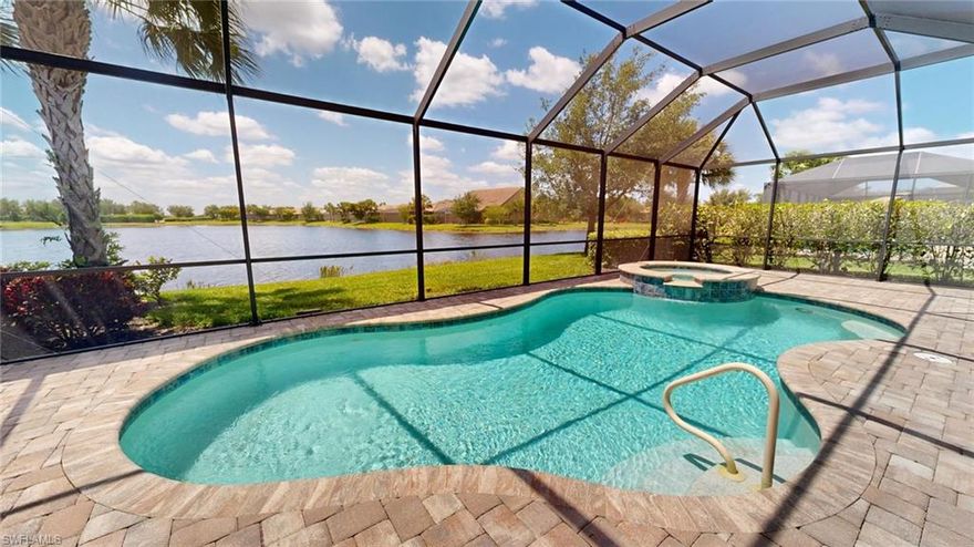 Del Webb Naples, Heavily Optioned “Pinnacle” Model Estate Series Home w/Saltwater Pool/Spa/Impact Windows & Doors, Stone Front, on Premium Water Lot, Beautiful Southern Lake Views, 3672 Sq.Ft. 5515 Total Sq.Ft. 4 Bedrooms, Loft, Den, 4 Full Baths, 3 Car Garage, Options Include; Loft Option w/4th Bed Rm & 4th Full Bath, Impact Windows/Doors & Electrical Roll Down Shutters, Gourmet Kitchen w/Kitchen Aid SS Appliances, 42” Briarcliff Cabinets w/Crown/End Panels/Convenience Pckg Base Rollouts, Under Cab Lighting, Granite Tops, Tile Backsplash, 20” Porcelain Tile 1st Level, 8’ Interior Doors w/5 ¼ Base, Glass Doors at Den, Freshly Painted Inside & Exterior, Crown Molding, Iron Balusters w/Oak Stained Handrail, Electrical Upgrades, Heavy Glass Master Shower, Finished Laundry Rm, Whole House Surge Protector, Security System, Epoxied Garage Floor, Insulated Garage Door. Too Many Options to List. Property Complimented by Oasis Club Resort Style Amenity Center, Resort Pool/Lap Pool/Jacuzzi, Fitness Center, 12 Pickleball Courts /Tennis Courts/Bocce Courts, Hall, Golf Sim, Movement Rm, Activities Director. Championship Golf Course, Pro Shop. “Come Experience the Beauty that is Ave Maria”