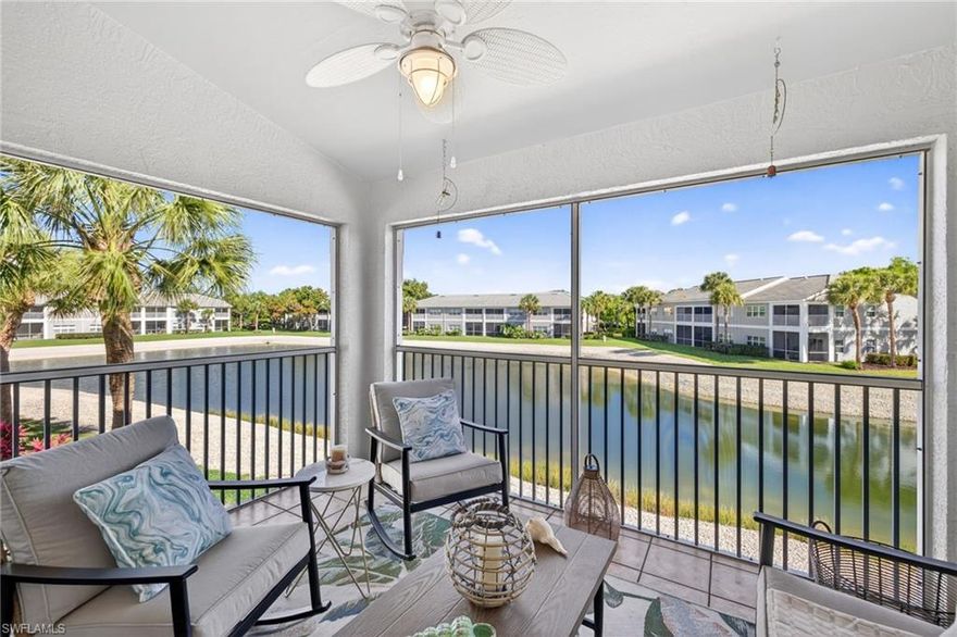 Experience the best of Southwest Florida living in this beautifully renovated, spacious, "Turnkey" furnished 2-bedroom, 2-bath lakeview condominium located in the prestigious Summerwind at Gateway community. This "Move-in Ready" desirable second-floor end unit is filled with natural light and features a breezy lanai with serene lake views. The property showcases numerous upgrades, including new kitchen cabinetry, designer granite countertops, Whirlpool stainless steel appliances, professional interior painting and new carpeting throughout. Additional property highlights include updated bathrooms, an eat-in kitchen w/ pass thru high-bar, stackable washer and dryer with added storage, generous walk-in closets and volume ceilings that enhance the open feel. The community improvements include freshly painted building exteriors, newer roofing & pool deck renovation. Summerwind residents enjoy access to the expansive heated pool, jacuuzi spa, safe scenic biking & jogging paths just steps away & also all Gateway owner's enjoy access to the family & pet friendly Gateway Commons Community park located just 5 min away which features a fun, family orientated community pool, playground, picnic area, dog park & soccer field. Summerwind at Gateway is a secure, guard-gated community ideally located near shopping, dining, schools, JetBlue Park, I-75 and Southwest Florida International Airport. The famous Gulf Coast Town Center is just 15 minutes away, with Fort Myers Beach and Seminole Casino approximately 30 minutes from the property.***Optional membership plans at The Club at Gateway offers access to the challenging 18-hole Tom Fazio–designed championship golf course, tennis facilities, fitness center, pickleball courts, newly renovated dining & grill bar and a full calendar of social activities. ***HOA fees include an Xfinity X1 cable television & high-speed Wi-Fi package, water, sewer, pest control, landscaping & reserves. This fabulous property is perfect as a primary residence, vacation property or also as an excellent opportunity for investors seeking strong rental income potential w/ NO FLOOD INSURANCE & NO SPECIAL ASSESSMENTS to deal with! Schedule your private showing today!