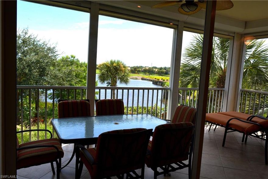 MAGNIFICENT LAKE AND GOLF COURSE VIEW. FURNISHED. ELECTRIC Rollsecure Shutters on all windows and lanai (seller paid $24,000). NEWER UNIT BUILT IN 2006 AND SELDOM USED BY OWNER, NEVER RENTED.  New AC compressor in 2015, granite kitchen with upgraded stainless appliances including a new microwave in 2014. Upgraded tile on diagonal in living, kitchen, dining and the lanai. All tile polished and grout refinished like new. Upgraded fans and upgraded master bath. Home is in excellent condition ready to move in. Crown Colony is a premier golf community in Fort Myers due to location & the quality of its golf course & private membership owned golf club. Memberships available but not required to live here. HOA fees are low for a high level of amenities including community pool, spa, fitness room, outdoor gathering/kitchen area & tennis. County taxes only & no CDD. All homes in this community were built by quality builder Centex (now Pulte).