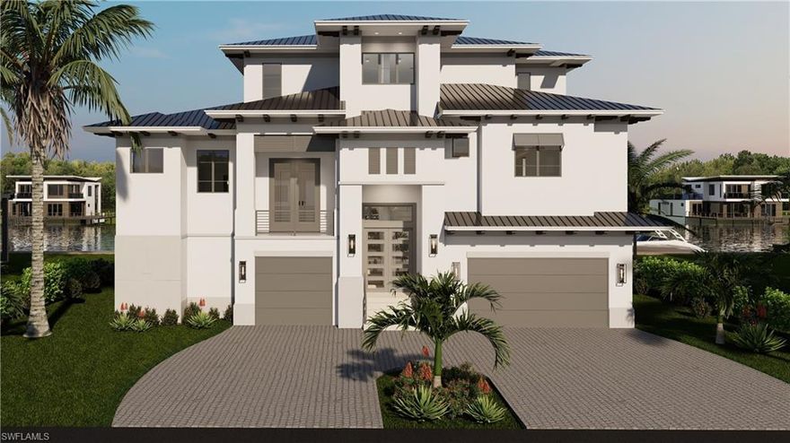 Pre-Construction with customization opportunities! Welcome to 318 Trade Winds Avenue, a thoughtfully designed southern exposure pre-construction offering in the heart of the Connors area of Vanderbilt Beach. This 5 bedroom + office, 5 full bath and 1 powder bath single family home will feature two stories of elevated living over a massive three car garage with generous flex space. Every element of this home has been planned with detailed attention to design esthetic, seamless indoor-outdoor living, and the highest levels of storm preparedness for the Florida environment.
Headwaters Development and South Florida Architecture have worked in tandem to craft a plan that maximizes the connection to the outdoors via oversized outdoor living spaces, 10' pocket sliders, and large picture windows overlooking the canal and sunset views. A private elevator offers ease of living.
Customization is available! The chef's kitchen is planned to feature a Sub-Zero/Wolf appliance suite with propane gas cooking, custom hood, double wall oven, a large walk-in butler's pantry with wine storage, and custom cabinet designs paired with quartz countertops. Legno Bastone white oak floors will run through the entire residence, with the exception of custom floor tile designs in each bathroom. The dining room will be surrounded by large picture windows, offering a stellar vantage point over the water toward the beach. Step out through the large great room pocket sliders onto the covered outdoor lounge area overlooking the pool deck below. Motorized bug and storm screens, an outdoor fireplace, and an outdoor kitchen set the stage for gathering outside any time of year, while the custom designed pool is the perfect spot to enjoy fun in the sun. 
The first floor primary suite and en-suite guest suite are tucked away from the open concept main living areas, ensuring peace and privacy. Upstairs, three additional en-suite bedrooms and second laundry all open up to a large loft with wet bar and pocket sliders leading out to the top floor balcony with southwestern views. 
Outside, the concrete pool deck will feature stone pavers, a heated salt swimming pool and flush spa, and a lounge area. Just a few steps down leads to the planned private boat dock location for the ultimate coastal living experience.
New sea wall! The pre-construction price includes an allowance for a boat dock (preliminary plans available upon request. Full allowance may be applied to custom boat dock if alterations are desired prior to construction).