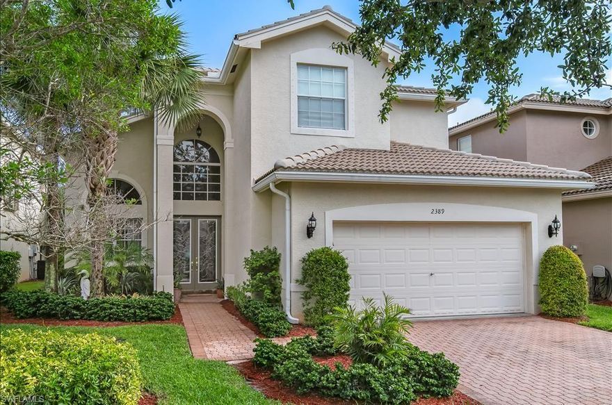 This spacious 4 Bedroom + Den / 3 Bath open floor plan with 24' Ceiling & 2735' of comfortable living area makes this home a truly exceptional buy. Kitchen has a granite top Island & Breakfast room overlooking beautiful private backyard. Large Master Bedroom on Ground floor with Master Bath with "His & Hers" Dual Sinks & separate Tub & Shower. Huge Great Room on 2nd Floor with Large Walk-In storage could be used for Pool Tables or Game Room. On quiet cul-de-sac near the gated Entry of Saturnia Lakes.  NEW A/C TO BE INSTALLED BY AUGUST 2019 !   Saturnia  is a unique North Naples community featuring a 12,000 sq ft newly renovated clubhouse, state of the art fitness center, billiards room, card room, 2 heated swimming pools and spa, 4 lighted Har-Tru tennis courts, basketball courts, playground and walking/jogging. Included in the HOA dues - Premium Cable TV, High Speed fiber optic Internet, landline, security system, landscape, irrigation water & , 24/7 manned gatehouse, and exterior pest control. This outstanding community is just East of I-75,  beaches, dining, & shopping.  It's "A" rated schools are the best in SW Florida.