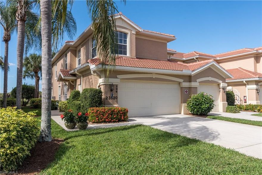 The view from this second floor condo is fantastic.  This large Tamarind model, enjoys the best view in Copperleaf with expansive golf course and lake views, remembering why you purchased this great home. Boasting a spacious 2 car garage which is perfect for seasonal or full time living. A side private entryway will lead your guests to the front door. Follow the updated laminate wood flooring stairs to the spacious great room with high ceilings. This 3 bedroom 2 bath home features wood/laminate floors in the main areas. Includes walk in closets and the screened in lanai with a breathtaking view! This condo features Electric storm shutter protection on the lanai and impact protection film on  every window, a front load washer and dryer and updated kitchen with cabinet pull-outs, granite, backsplash and is turnkey furnished. Copperleaf features bundled golf with a 18-hole championship golf course, tennis, bocce, swimming pools, fitness center, and two dining facilities.  Enjoy everything country club living has to offers and an very active lifestyle. Start living the dream today! Near RSW airport, world class shopping, restaurants and medical facilities.