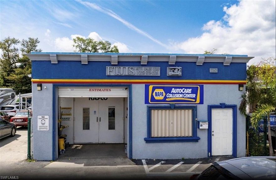 SELLER FINANCING AVAILABLE 2242 Fowler Street is an income-producing Body Shop complete with paint booth and more with a stable lease in place and presents a rare opportunity to acquire income-producing commercial assets along one of Fort Myers’ most established and heavily traveled corridors. Fronting Fowler Street, this property benefits from exceptional visibility, strong daily traffic counts, and proximity to Downtown Fort Myers, US-41, and I-75, placing tenants and owner-users directly in the path of consistent exposure. Ample on-site parking at the front, rear, and side. Additional ingress and egress from the rear of the property. An established auto body / industrial-use building. Seller financing is available on this building, creating an attractive pathway for owner-users or investors seeking reduced upfront capital and favorable deal structuring.
Low operating expenses. Flexible use potential for service, automotive, or light industrial users
Ideal for buyers seeking visibility, functionality, and financing flexibility in a supply-constrained Fort Myers corridor.