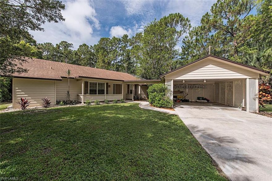 H1680 Your own Slice of Paradise! This incredible Golden Gate Estates home has all you want, and more! Situated on 1.14 acres, this 1,564 SqFt home has plenty of space inside and out. The three bedroom, two bath Split-Bedroom Floor Plan leaves more than enough room, and privacy, for family and guests. The formal living room and rear Florida Room are the perfect areas to entertain guests, or relax on a bright and sunny day. The chef of the house will love the kitchen, with plenty of room to prepare, cook, and serve. The formal dining room space is centrally located, and at the heart of dining, relaxing, and entertaining in this home. Relax at night to your screened lanai, with shared access from both guest bedrooms and the kitchen. The lush backyard has enough room for a pool, and also includes fruit trees! Located just East of 951/Collier Boulevard, and minutes away from the 951 and I-75 interchange, this house is situated just right to be considered "Country Quiet, but City Close."