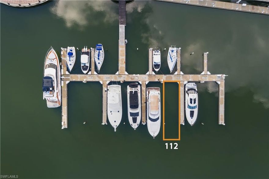 Fantastic Opportunity to Own in the Coveted Esplanade Marina! Located in the heart of Marco Island, this 45-foot boat slip (with a maximum vessel length of 50 feet and 19-foot beam) is just steps from convenient parking—making loading and provisioning your vessel incredibly convenient. Perfect for deeper-draft boats, the slip sits in well-protected waters with quick access to the Gulf, approximately 20 minutes at idle speed. The Esplanade Shoppes, grocery stores, and marine supply stores are all within walking distance, and you'll love the spectacular sunsets from this prime location. Slip amenities include water, Wi-Fi, cable, 50-Amp shore power, pump-out service, gated security, and a dedicated on-site dockmaster. Owners also enjoy access to the Captain’s Lounge with restrooms, showers, and laundry facilities. The floating concrete docks are known for their storm resilience, providing peace of mind. Rentals are allowed, offering great potential for supplemental income when you're not using the slip. Whether you're a seasonal boater or year-round enthusiast, don't miss this chance to own in one of Marco Island’s finest marinas!