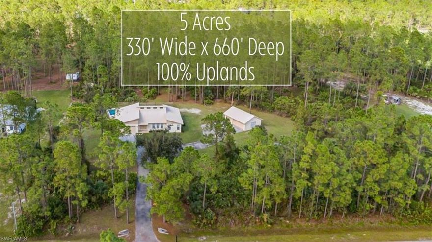 HUGE PRICE IMPROVEMENT! This rare FIVE ACRE, 100% UPLAND ESTATE is ready for its new owners after being meticulously and lovingly maintained by one family! The single level split floor plan has three bedrooms, two bathrooms, in-residence laundry, an extra-deep in-ground pool, attached two car garage and detached three car garage. Its soaring, vaulted ceilings create a spacious and modern feel and the abundance of windows makes this home light and bright all day! Want to expand, add a guest house, maybe a barn? Five acres allows plenty of space for all of that plus animals and toys too! New hot water heater 2024, HVAC 2018, all new stainless steel appliances 2023, new pool filter 2024, and metal roof added in 2008. The lot is a staggering 330 feet wide and 660 feet deep requiring. This home does not require flood insurance! The lot offers the possibility of being subdivided into two lots for a developer investment or family compound.