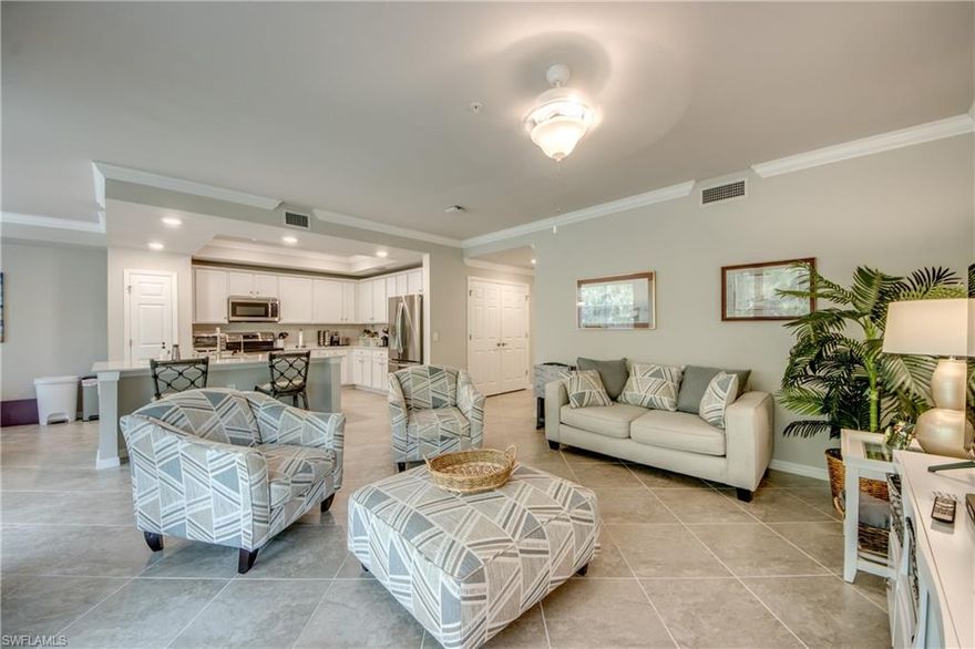 !st floor Condo furnished turnkey at Palazzo! This condo is ready for your arrival and offers peace of mind as a new ac/heater has been installed in 2026.  Just a few steps to the Palazzo Pool, which is an added bonus to the additional amenities at the Pelican Preserve town center. Pelican Preserve offers a 70,000 sq ft. Town Center 2 outdoor pools & indoor lap pool w/ walking track, pickleball, tennis, spa fitness center 2 restaurants, craft, sewing & woodworking room, billiards room, theater, dog park, exercise classes, bingo nights, card rooms, outside amphitheater, nature walk w/ preserve boardwalk, & more. The condo is decorated in a light coastal color scheme with nice large tile laid on a diagonal, a large island in kitchen and a preserve view.  Easy to view this lovely condo.