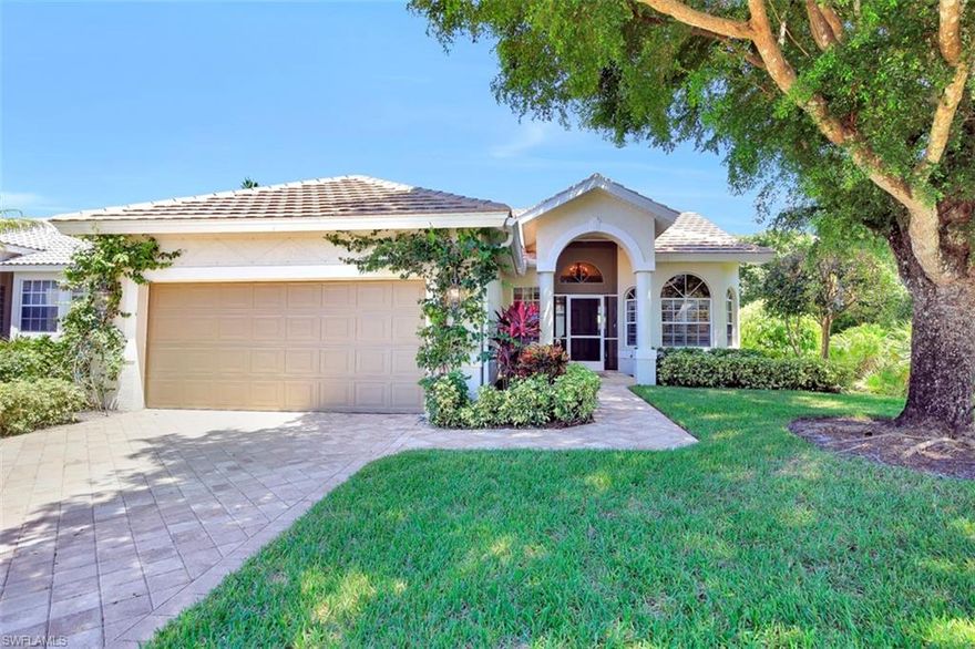 This charming Cottage style home has all of the wish list items. Roof replaced (2015), AC replaced (2017), all new Stainless Appliances in the totally updated Kitchen with white wood 42" cabinets and white background granite. This artist owner has taken care of every detail of this 2 bed+ Den, 2 bath home with neutral ceramic tile throughout living areas and Crown molding.Updated Master bath room with vessel sinks and granite counters, updated Guest bath, The breakfast nook is currently used as a perfect Computer/Office area with plenty of places to eat both at the Kitchen bar, the Dining room and the large covered Lanai, where the mid 70 degree weather all winter long is the perfect spot to relax and dine al fresco after a day on the course. The pool and backyard area offers beautiful mature landscaping which screens this private tropical oasis.  New pavered driveway and pool deck This home is nestled in the back of the community for the most quiet and peaceful place to relax. Freshly painted Interior.  Air conditioned garage is freshly painted as well. Offered tastefully Turnkey Furnished with Home Warranty