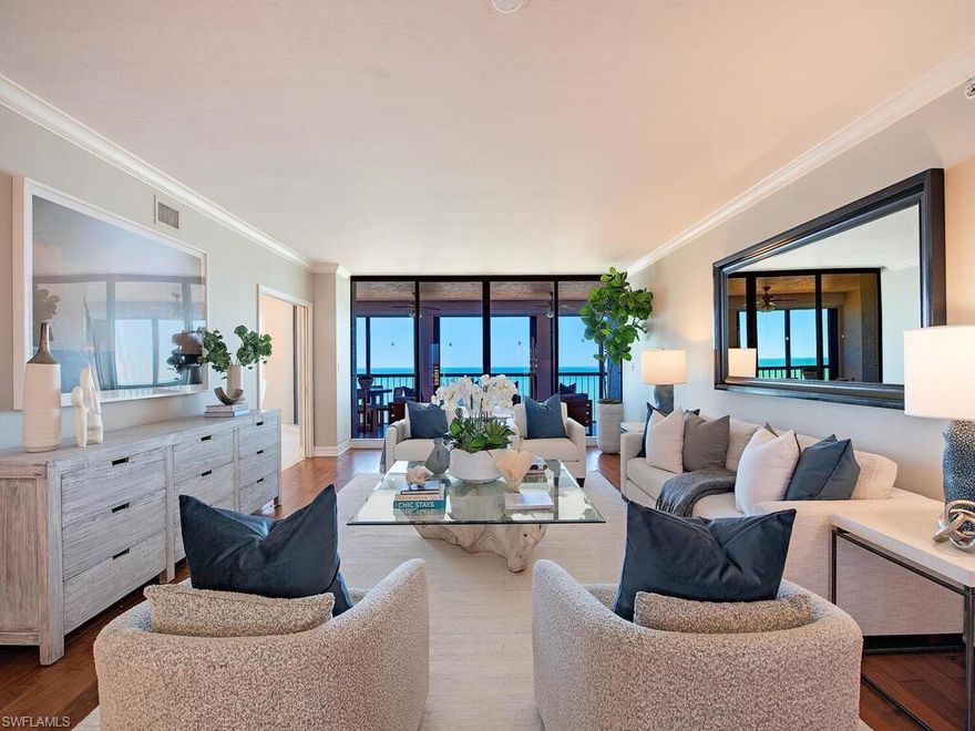 Step into coastal luxury with this exquisite 3 Bedroom + Den, 3-bathroom retreat, boasting a contemporary open floor plan and stunning panoramic GULF views. Perfectly designed for modern living,  each bedroom offers a private sanctuary, while the updated finishes and elegant details throughout create a timeless ambiance.  Enjoy the best of both worlds, this residence offers both tranquil Easterly SUNRISE and memorable Westerly SUNSET views from TWO separate generous screened lanais. A short beach walk away from The Ritz Carlton, Carlysle is a luxury Beachfront Bay Colony Tower, located directly on 2½ miles of pristine, white, sugar sandy beach, offering a World Class menu of both Bay Colony and Pelican Bay included membership privileges: 3 private Beachfront Dining Clubs, attended Beachfront services, 3 active Tennis Clubs, state-of-the-art Fitness and Pickleball coming soon.  Artis Performing Center for the Arts, vibrant Mercato & Waterside Shops just steps away.