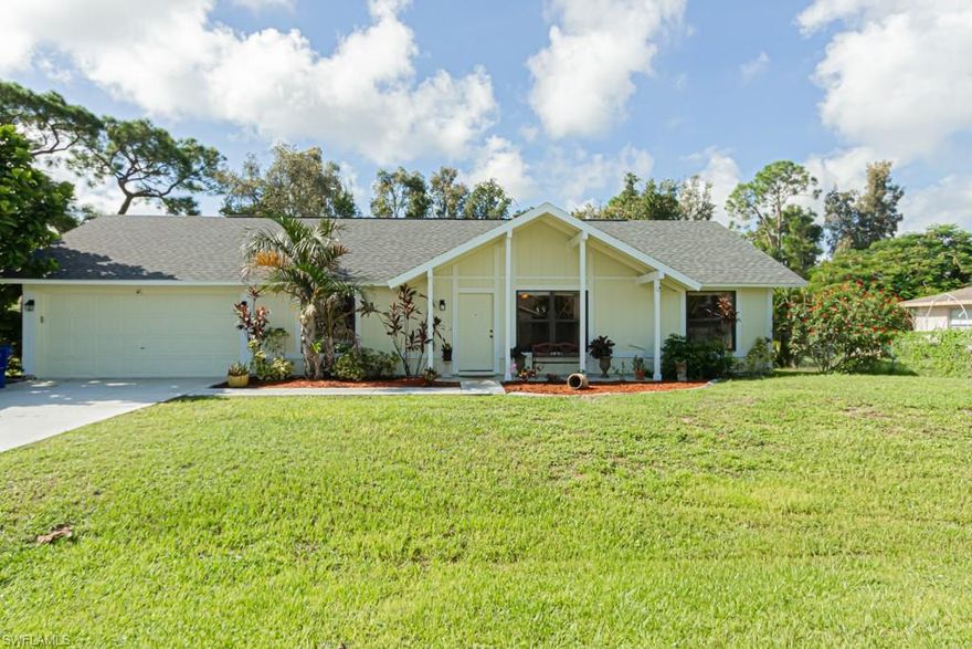 One Story Single family home on an oversized 0.55 acre lot featuring 3 bedrooms, 2 full baths, and Laminate flooring throughout. The home has been freshly painted inside and also offers a spacious kitchen with Stainless steel appliances, a large screened in pool (owner is currently resurfacing the pool), a bonus room, 2 car garage, outdoor storage shed and BRAND NEW ROOF.  NO HOA FEES AND NO ROAD NOISE!  Excellent, central location in Northern San Carlos Park gives you easy access to Fort Myers airport, Florida Gulf Coast University, Shopping, Restaurants, and Beaches.  If you are looking for a cozy home in an excellent location, then this is the place for you!