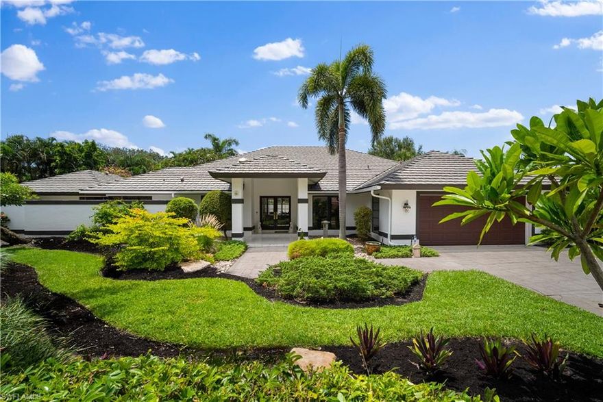 DESIRABLE PELICAN BAY! This 4000 + Sq Ft Unique home was designed to wrap around all the outdoor living space/pool and to have spectacular views from almost every room in the house. This western facing lot is full of mature landscaping, fruit trees and a privacy wall with a screened in Pool/Lania area.  On one side of the house is a Master Suite with wet bar and  his/hers Dens and Master Bathrooms. On the other side is an Open Kitchen Family Room with vaulted ceilings and skylights and additional guest rooms. You can move right in and enjoy or you can remodel and re-create the space for your Dream Home. These Original Owners did a Renovation and addition in 1993 and installed a new Aluminum roof with a 40 year warranty in 2004. Pelican Bay is centrally located in the heart of Naples and walking distance to Waterside Shops and Artis-Naples. Pelican Bay is the ONLY subdivision with 3 miles of deeded beach. It also includes 2 Beach restaurants, Canoeing, Kayaking, Sailing, Tennis and miles of nature paths for walking and biking, full service fitness center, nutrition and wellness. THERE HAS NEVER BEEN HURRICANE DAMAGE EVER!