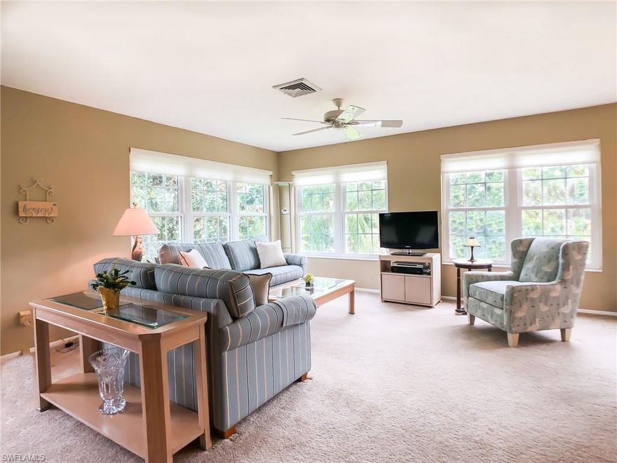 C.15211 - Welcome to Stratford Place. This beautiful 55+ pet friendly community located in South Fort Myers is as immaculate as it is charming. Enjoy the short drive around your beautiful pool, cabana room and lake fountain as you arrive at your 1406 sq ft turn-key furnished condo. The 2nd story end unit makes for a terrific and quiet appeal. This just designer painted, 2 bedroom 2 bath condo shows clean and bright. Upon entering the spacious living areas will immediately draw you inside. Large new windows throughout allow for all the Florida sunshine you could want. The master bedroom offers a large walk in closet, in-suite bath retreat and brand new windows. A tree top golf course view from your living and dining room over the green fairways of Cypress Lake Country Club. This beautiful condo will surely feel like home with your extra benefits including; a friendly community, carport, new hurricane windows, new AC unit and in home laundry room with appliances. Amenities include a lovely community pool and community room. Spend your time at the Gulf of Mexico beaches, restaurants, entertainment, and shopping all just 10-15 minutes away.