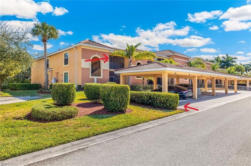 Lovely 2nd floor, end-unit condominium located in the newest section of Palmetto Cove built, a luxury condo community situated between McGregor Blvd and Summerlin Road off Cypress Lake Dr.  Whether you work in the area or are a seasonal resident, this location is ideal getting to your Lee County workplace or our popular beach areas! Living on the second floor, end unit allows for additional windows, vaulted ceilings and quieter living conditions. This unique condo features TWO screened in lanais (top of stairs to unit & the outside the living room)!  This condo boasts 1556' of living space including two bedrooms PLUS a den/office, two full bathrooms and one assigned carport! Extra guest parking to the left and back of the building.  Well-designed kitchen with granite counter-tops, wood cabinets and stainless steel appliances plus a pantry and breakfast nook with slider access to front lanai! The great room floorplan combines the dining and living area to one large room with a built in dry bar, ceramic tile flooring, vaulted ceilings complimented with white crown molding. Primary bedroom at the back of the unit with tan carpet, faux wood blinds, crown molding and large bay window that allows for natural lighting.  Primary bath features a tall single vanity with dual sinks, walk-in shower and separate water room.  Tiled den with double pocket doors can be ideal for overnight guests or an in-home office! Second bedroom is also carpeted and equipped with ceiling fan/light fixture as the primary. Laundry closet with GE Washer & Dryer!
Beautiful Community Pool & Spa, Exercise Room and Clubhouse for residents!