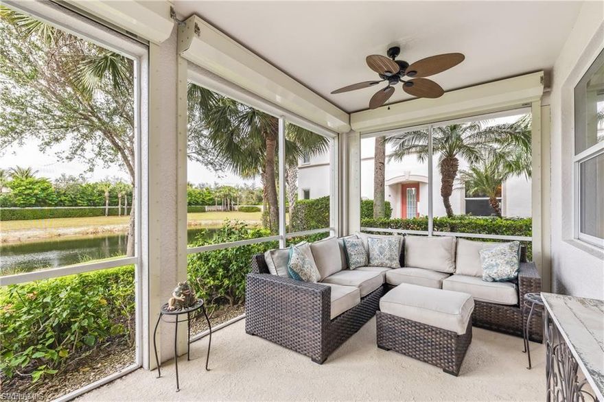 TWO BEDROOMS AND A DEN THAT COULD GO BACK TO BEING A BEDROOM.  Beautiful and spacious first-floor condo with tranquil water views, located in the highly desirable gated community of Emerson Square. This well-maintained home features impact-resistant doors and windows, electric shutters on the lanai, and all-tile flooring throughout.

The open floor plan offers two bedrooms plus a den (previously used as a bedroom) and two full bathrooms. The primary suite boasts two large closets, dual sinks, and a separate soaking tub and walk-in shower. Enjoy a bright and spacious living area that flows seamlessly into the dining room and kitchen, all overlooking the peaceful pond/lake view.

Additional highlights include a two-car garage with epoxy flooring and the convenience of maintenance-free living. HOA fees cover landscaping, security gate, exterior building maintenance, fiber-optic cable and internet, and water.

Emerson Square is a friendly, active community featuring a resort-style pool and spa, fitness center, social room, and regular community events. Walking and biking are popular throughout the beautifully maintained neighborhood.

Prime location close to I-75, Southwest Florida International Airport, Gulf Coast Town Center, and just a short drive to Bonita Springs, Naples, and downtown Fort Myers.
No flooding from recent storms.