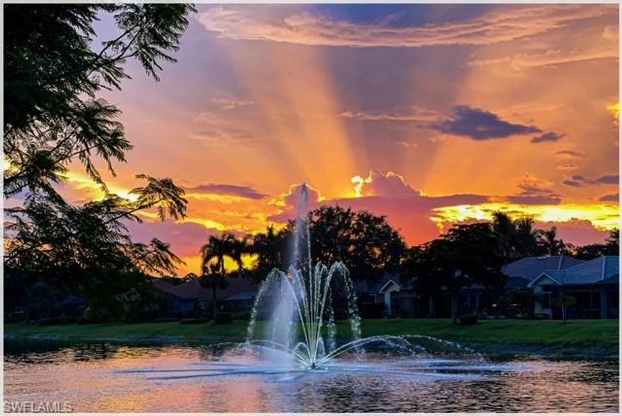 WATERFRONT AND SUNSET VIEWS! Look at this magnificent long water view to the lighted fountain in your spacious back yard! Welcome to this one-of-a-kind Arthur Rutenberg Islander III floor plan. Beautifully maintained residence with a spacious Great Room, this home offers a fantastic kitchen that opens up to the Morning Room, Great Room and Lanai making it ideal for entertaining. Tile everywhere but the bedrooms makes this residence easy to maintain. There is a built in lighted entertainment center in the Great Room. 3 bedrooms, den, 2 bathrooms & THREE car garage with an EXTRA LARGE rectangular lap style heated pool & large lanai. The jacaranda tree offers a picture perfect accent to the water view. Invisible Fence on property. This beautifully landscaped property has more than 40 varieties of plants (many flowering)! If you are looking for open spaces - this house has it! NEW: 2025-Roof, water heater, whole house surge protector, sewer line to house, walk-in shower in guest bath, pool filter. 2024-HVAC overhaul, Chihuly light fixture in Morning Room, lanai lights, cabinets in utility room. 2023-Pool pump, water connection, dishwasher, refrigerator, heavy-duty screens for lanai, whole house interior painting, carpeting. Many additional improvements. Some furniture available separately through the seller. Rookery Pointe is a gated community with a modern community clubhouse & is maintenance-free! Offering these amenities: heated community pool with screened outdoor area, BBQ area, activities room & fitness center, on-site property manager, hydro-grid tennis courts, basketball court, tot lot, roller skating rink, pickleball, sidewalks & street lighting & numerous activities! Close to beach, entertainment, shopping, Coconut Point/Miromar Outlets/Gulf Coast Town Center, Hertz Arena, Florida Everblades ice hockey, Florida Gulf Coast University, RSW international airport, new regional library, public boat ramp.