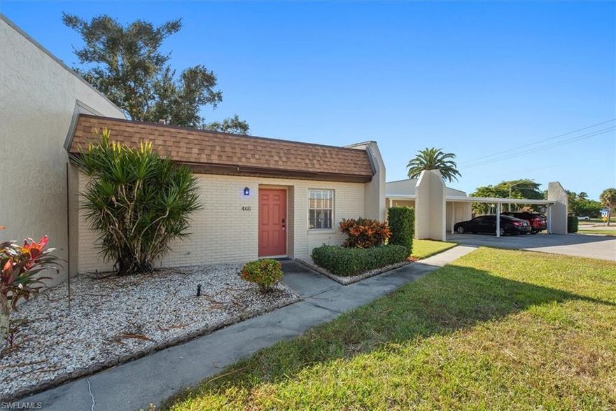 Discover this affordable and charming 1-bedroom, 1-bath villa located in the heart of South Fort Myers. This end-unit condo offers all tile flooring, a comfortable layout, and is truly move-in ready. Enjoy peace of mind with a brand-new roof replaced in 2025. The unit sits directly across from the community pool and features a large screened lanai, covered parking, and extra storage—a rare combination at this price point. The community is quiet and well-maintained with low HOA fees, making it an excellent full-time residence or winter getaway. All within walking distance to shopping and restaurants and just a short drive to the beaches, this villa offers convenience, comfort, and an unbeatable value. Don’t miss this fabulous opportunity!