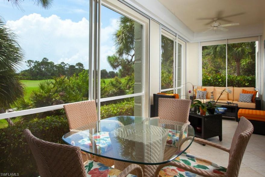 Gorgeous 1st Floor end 2 unit building, 2 car garage coach home that shows like a model.  Many lovely updates have been done to make this home most desirable for its new owner.  The kitchen has new granite counter tops, new cherry cabinetry with pull out shelves and auto close drawers.  Freshly painted interior, new Kinetico water purification system, new HVAC system, new ADT security system with motion detectors, camera and smoke alarm, California closets and hurricane shutters.  This 3 bedroom 2 1/2 bath unit is being sold partially furnished with top grade furnishings. Neutral decor. The panoramic golf views from the private lanai are stunning.  Come enjoy all of the fine amenities that Bonita Bay has to offer with 5 golf courses, tennis and fitness center, private beach club, marina with gulf access, walking and biking paths and 3 parks.  Truly a rare find and must to see.