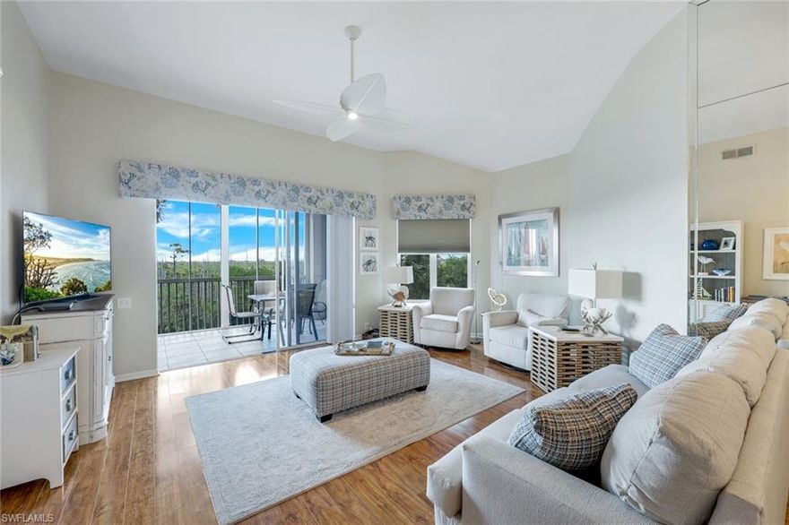 Fully Furnished Bundled Golf two-bed two bath Lexington Country Club Condo.  Tile entryway that leads to a thoughtfully designed living space. The kitchen boasts granite countertops, white cabinets, and a convenient pantry, complemented by stainless steel appliances. The living and dining areas feature attractive wood flooring. Situated on the third floor, this condo has great views of the golf course and surrounding preserve. Top floor high ceilings add great volume to the space.  The master bedroom features upgraded carpeting and two closets, including a generous walk-in. The en-suite bathroom has white cabinets and a standup shower. The guest bedroom also benefits from upgraded carpeting, while the guest bathroom offers a shower and tub combination, along with white cabinets. For added convenience, a washer and dryer are included. The entire condo is fully furnished with a charming beach vibe that perfectly captures the essence of Florida living. This turnkey property is move-in ready, allowing you to immediately enjoy all the comforts of your new home. 24 hour gated only minutes from the beaches, and just 1.2 Miles from HEALTHPARK Medical Center and Golisano Children's Hospital.