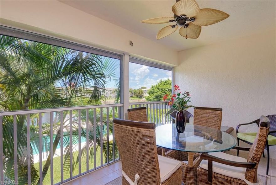 The Camelot Club Condominiums is located in the Moorings Neighborhood. This lovely and bright 2 Bedroom, 2 bathroom condominium overlooks the pool and Lake Suzanne. Enjoy sunsets and fresh outdoor air from your Screen-in Lanai. Included is an assigned keyed storage unit, and a deeded covered carport #204, common area elevator or get you steps in walking up and down the stairs. Condominium features: NEW AIR CONDITIONER, Wood and tile floors, granite counter-tops in the kitchen, manually roll down shutters on main bedroom windows, and the lanai. Open floor plan with split bedrooms. The main bedroom has a walk-in closet and en suite bathroom. The Moorings private beach club is available for Mooring Park residents to join for a small fee. Camelot Club is centrally located to Olde Naples with 3rd street, 5th Avenue, and the pier or North Naples with Mercato, Waterside Shops and much more. Come live the Florida lifestyle. If you have to stay in one spot, it might as well be here.