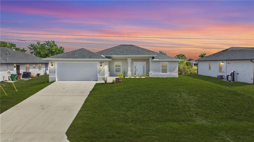 New Construction Single Family in the growing Northwest Cape Coral area offering modern design and a functional open split bedroom layout ideal for today’s lifestyle. This home features approximately 1,683 square feet of living space and 2,548 total square feet with 4 bedrooms, 3 bathrooms, and a 2-car garage, providing flexibility for primary residence, seasonal use, or investment.

The interior showcases a bright open-concept floor plan with abundant natural light and a clean, contemporary feel. The main living areas flow seamlessly into the kitchen, which is designed for both everyday living and entertaining, featuring white quartz countertops, stainless steel appliances, and ample cabinet and workspace.

The primary suite offers a comfortable retreat with dual sinks and a well-appointed bathroom. Additional bedrooms provide space for guests, family, or a home office setup.

Enjoy Florida outdoor living on a freshwater canal with a screened-in lanai, perfect for relaxing or entertaining. The property also offers space for a future pool, allowing the next owner to further customize their outdoor environment.

Built with hurricane impact windows, this home provides added peace of mind and efficiency. Located in a non-gated area with no HOA restrictions, the property offers flexibility and convenience.

Situated near Burnt Store Road, Tropicana Parkway, and major connecting routes, the location provides easy access to shopping, dining, and everyday conveniences while being positioned in one of Cape Coral’s fastest-growing areas.

This is an excellent opportunity to own a brand-new home in Southwest Florida with modern finishes, strong value, and long-term growth potential.