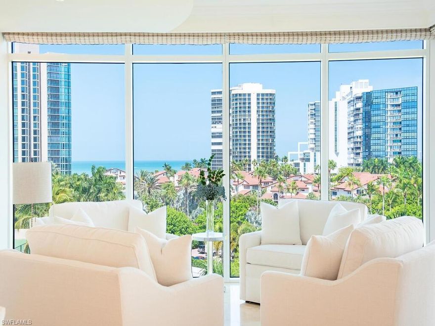 Beachfront Living with views of the Gulf, Bay, and City lights!  Easy walk to Venetian Village for shopping and dining!  This 6th floor corner Aria unit (with high ceilings) has additional living space - enjoy the views from the added sunroom and much desired separate office space!  Fresh look and immaculate with Sub-Zero Refrigerator and freezer drawers, stand alone Ice maker, and much more.   Aria is the newest beachfront building with fabulous amenities: Two 5-star guests suites for owner's guests, large beachside pool and spa, billiard's room, private dining room, club room, massage and spa areas, fitness room, covered bar area, grills at pool side, outdoor shower, and a great management team on-site.  Park Shore is centrally located in the heart of Naples - Close to Downtown, Waterside shops, and Mercato.
