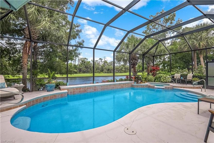 *NEW PRICE! SELLER WILL VIEW ALL OFFERS! READY TO SELL!!** ASSUMABLE FLOOD POLICY IN PLACE! NEW ROOF IS COMPLETE! This immaculate 3 bedroom, 2 full bath, 2 car garage HEATED POOL HOME is waiting for you! THE VIEWS ARE BREATHTAKING that overlook the lake & 13th Fairway and Green!! Located in the sought after community of Crown Colony. There are many fine features throughout. HURRICANE PROTECTION for peace of mind. 12 ft. ceilings. Kitchen was remodeled with a large island and quartzite countertops, stunning backsplash & NEW SAMSUNG GLASS BESPOKE appliances are 6 months old. Cozy dining area overlooks the  Resurfaced pool. New 50 gallon hot water heater. New lighting. Pool pump and pool heater are 3 years old. Pool cage was completely painted. Main living area spills out onto the enclosed lanai with 8ft glass sliders and out to the pool deck. Master suite has access to the lanai and out to the pool deck. Ensuite bath has 2 separate comfort height vanities, walk in shower with seamless glass enclosure and a separate soaking ZEN tub. The split plan offers the 2nd nicely sized bedroom and a 2nd full bathroom right outside the bedroom door. 3rd bedroom/den has pocket doors for complete privacy and a full closet. There are plantation shutters, Hunter Douglas blinds, tray ceilings. A golf membership purchased within 30 days of closing on this home will allow a $10,000 reduction in the Club 's initiation fee. Crown Colony was chosen for the 2022 LPGA $1.5M Drive-On Championship, hosting the world's top women golfers, and it is also used for PGA qualifying events. Don't miss this opportunity!