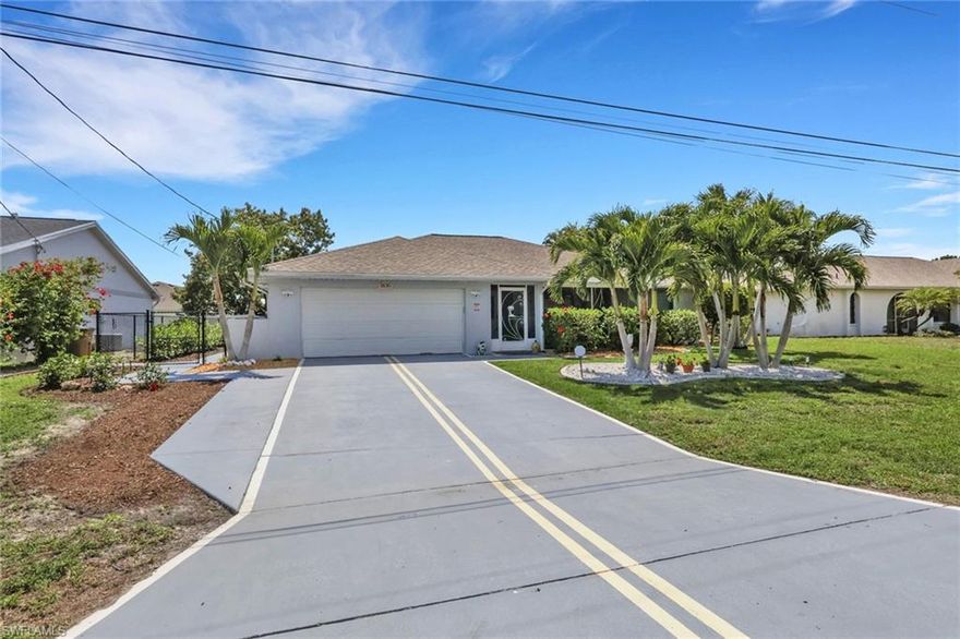 Welcome to this must-see 3-bedroom, 3-bathroom home in highly desirable SE Cape Coral, ideally located close to shopping, dining, and everyday conveniences. This property offers the ultimate Florida lifestyle with a heated pool featuring sought-after southern exposure, providing all-day sunshine, and an incredible amount of outdoor living space perfect for relaxing or entertaining. The pool was resurfaced last year, giving it a fresh, like-new feel, while a convenient concrete walkway has been added to seamlessly connect the driveway, garage, and pool area for easy access. The home sits in Zone X, meaning no flood insurance is required, and remained high and dry through past storms—offering valuable peace of mind. Recent major updates include a 2018 roof and a 2024 air conditioning system. Inside, you’ll find a bright, open layout enhanced by brand-new kitchen cabinets and appliances, new flooring throughout, and fresh interior paint, creating a clean and modern aesthetic. Both bathrooms have been updated. The current owners have also extensively upgraded the landscaping, adding to the home’s curb appeal and creating a beautiful, welcoming outdoor environment. Additional features include an air-conditioned 2-car garage with a mini-split system—perfect for vehicles, a home gym, or workshop. With its long list of upgrades, prime location, and move-in-ready condition, this home truly has it all. Don’t miss your opportunity to own a standout property in Cape Coral—schedule your showing today!