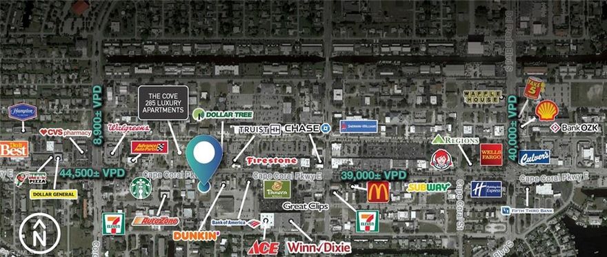 Bring your Business to a perfect Location on a heavy traffic road like Cape Coral Pkwy. 1250sf retail or office space on mixed use building which sits on 0.81 acres of land. The property is facing Dunkin' Donuts doors and across from the new "The Cove" with 285 apartments. Unit #5 is Warehouse use and is available for lease can be combine with unit #2 to use as Retail or as Office, both units can combine to 2,500sf.