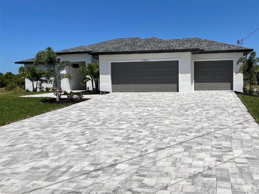GULF ACCESS, New construction, waterfront home in prestigious area of SW Cape Coral. Deep water access with many upgraded features. Surrounded by many new and beautiful homes. This modern open concept custom home 4 bedroom, 3 bath with den/office and 3 car garage, High impact windows and sliders, 8FT doors though out, vaulted ceilings in bedrooms, tray ceiling in living area, Master suite with his and her walk in closets, open the 90' sliders out to your lanai and screened in pool deck. Lanai, pool deck, driveway and walkway to front door all done with matching pavers. Spa is upgraded to 4 sided water fall. Plumbing and Electric have been added for future outdoor kitchen. Saltwater pool system will be installed. Fantastic location, near shopping, restaurants, Tarpon Point and Cape Harbour. Sea wall is complete, Buyer with additional deposits may help with interior and exterior design to make this your home here in Paradise.