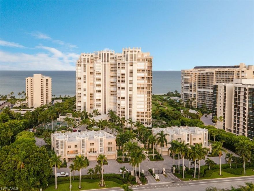 Live the luxury lifestyle at one of the most prestigious gated high-rises in Naples, The Brittany of Park Shore, the finest beachfront resort-style living. This 19th-floor condo opens to your Grand Salon looking over the Gulf. The expansive redesigned open kitchen gives a broad view of the bay and gulf from the dining room to the breakfast nook. A center island with a breakfast bar adds cabinetry and storage. The possibilities to design your dreams are endless. Enhanced raised ceilings from 7’2” to 8”2” and wall to wall sliding doors access two large terraces for the breathtaking panoramic views of the Gulf and Venetian Bay for sunsets and sunrises. Your poolside cabana just steps away from the private beach with access 24/7.  Invite family or guests, with 2 en-suites,  provide privacy. The den makes 3 possible bedrooms with four baths. Your Master Suite has two vanities, a lite mirror makeup vanity, Jacuzzi and, walk-in shower. Enter the library through beautiful etched glass doors. Enjoy the  exceptional staff, a fitness center, massage room, lap pool, jacuzzi, board room, tennis courts and, a new grill Pavilion. Includes:2 Storage Lockers/Cabana #60/2 assigned parking spaces.