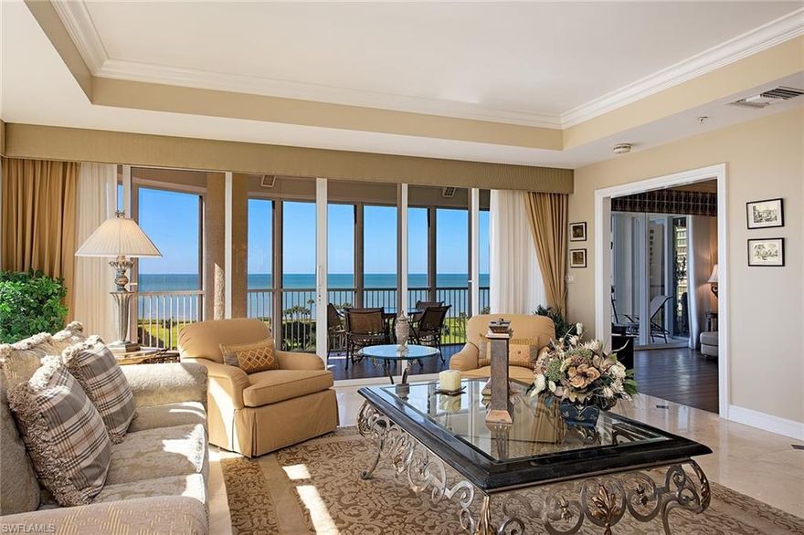 Experience luxurious beachfront living as you step from secured elevators into your own private entry foyer into this open and spacious 3 bedroom plus den residence. Located on the perfect level to capture front to back views of the landscaped park, Gulf and Bay. Neutral backgrounds lend themselves to almost any decor. This residence lives like a single family home with a large living/dining room, a very spacious family room with a casual dining area, two privately located guest rooms and a master bedroom and bath with gorgeous Gulf views. Two large lanais capture amazing direct Gulf and Bay vistas. Le Jardin is a special low-density building. Its residents describe it as a “vertical neighborhood” because of the friendliness and socially active group of people that live there. Amenities include a wonderful party room/bar, fitness center, Har-Tru tennis court and 24-hour doorman service. Pet-friendly too!